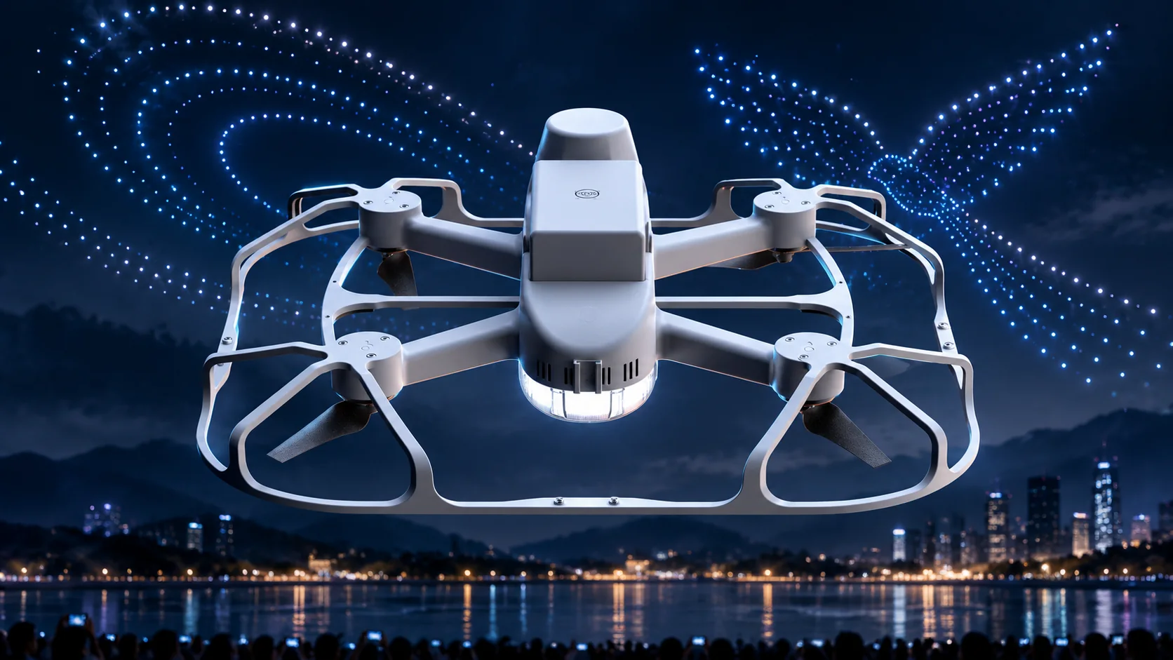 Nuestro Dron sobrevolando una ciudad de noche, con la formación de drones dibujando alas de luz en el cielo